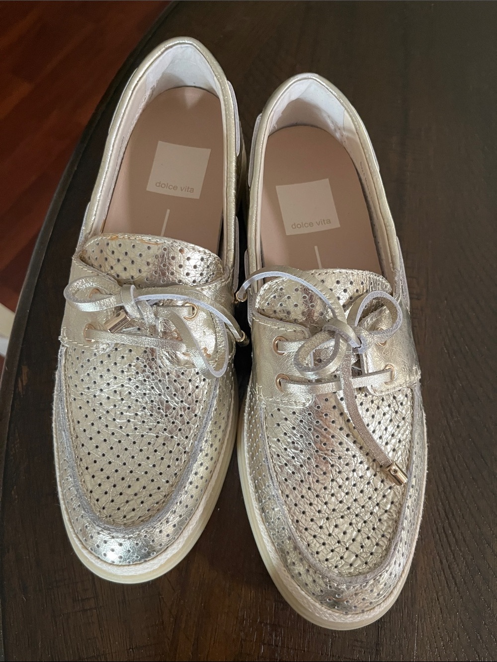 Dolce Vita Metallic Gold Perforated Leather Loafers